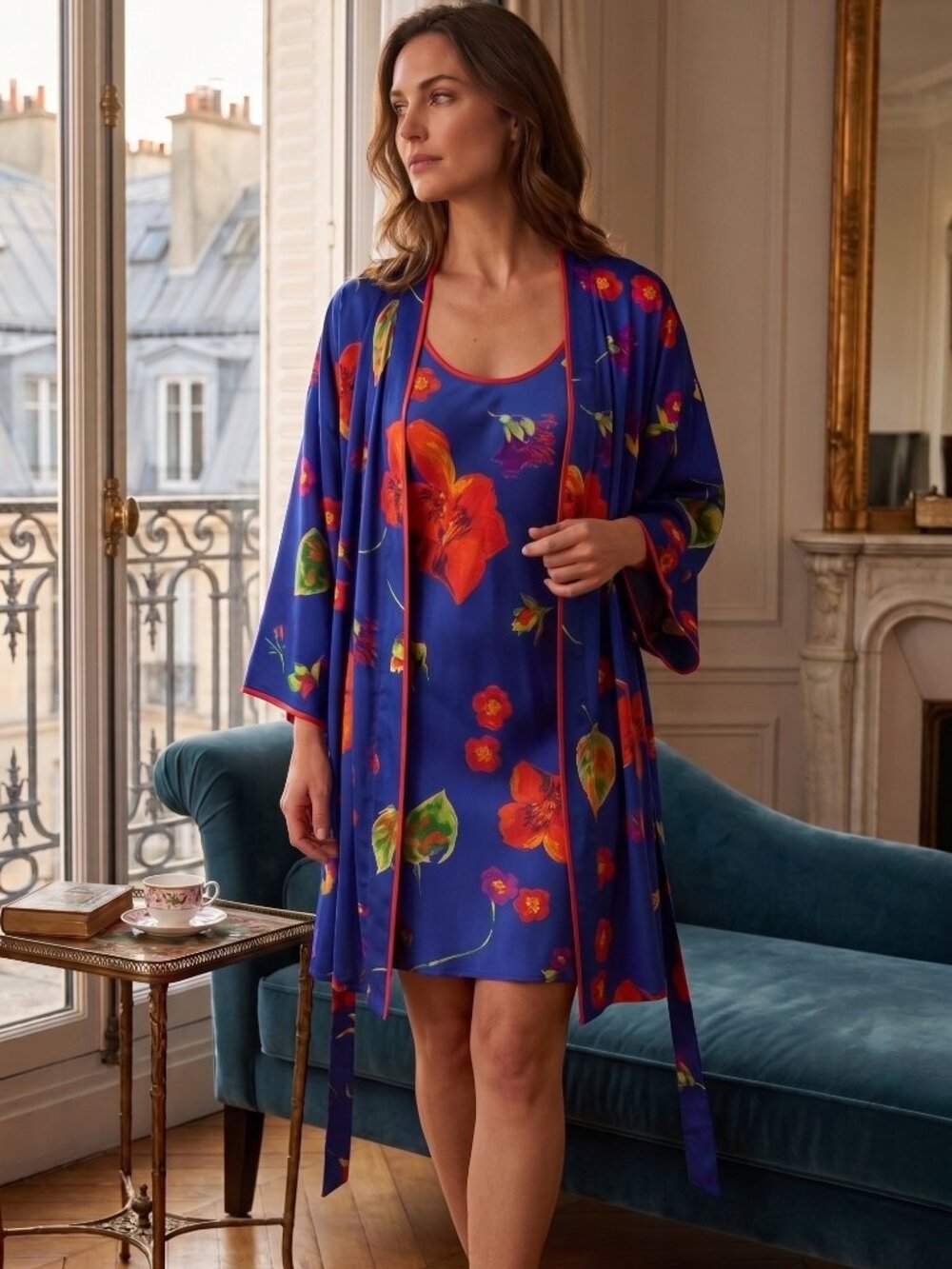 NATORIOUS Nightgown Matching Robe Kimono Womens‎ Large Blue Red Floral Lounge